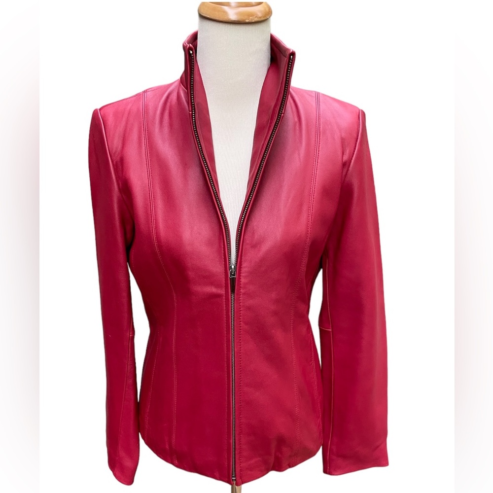 Premium Red Leather Blazer Jacket Wing Collar Fully Lined Nine West Size Small